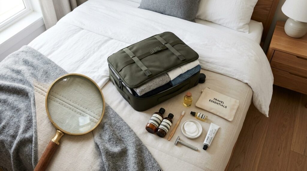 Hotelværelsets essentials arrangeret på fladt underlag – håndklæder, toiletartikler og sengetøj.